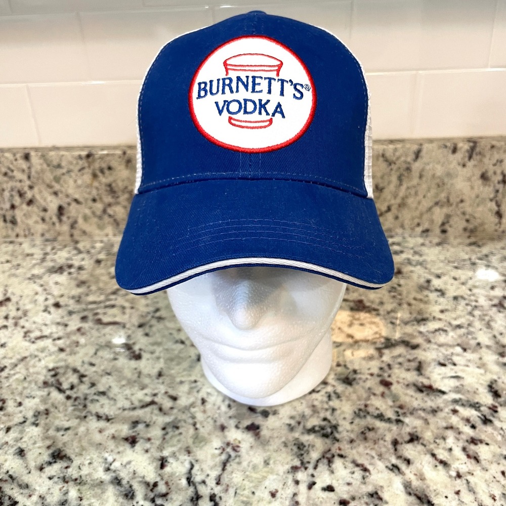 🚀 Burnett's Vodka Hat Cap Trucker Bar Promo Blue White Adjustable Snapback